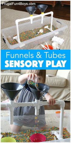 a child is playing with funnels and tubes