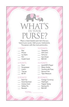 what's in your purse? baby shower game with elephant and giraffe