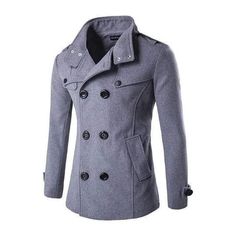 Grey Steampunk Winter Coat Gray Buttoned Outerwear For Winter, Gray Stand Collar Outerwear For Fall, Gray Pea Coat With Buttons For Winter, Gray Stand Collar Outerwear For Outdoor, Gray Long Pea Coat For Winter, Gray Outerwear For Fall Outdoor Activities, Gray Fall Outerwear For Outdoor, Gray Cotton Outerwear With Stand Collar, Winter Outdoor Outerwear With Buttons