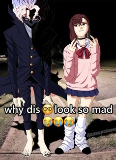 two anime characters standing next to each other in front of a dark background with the caption why dis look so mad