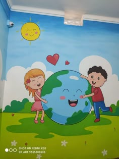 a child's room with a painted mural of a boy and girl holding hands