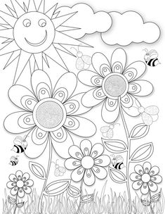 a coloring page with flowers and bees on the grass in front of a cloudy sky