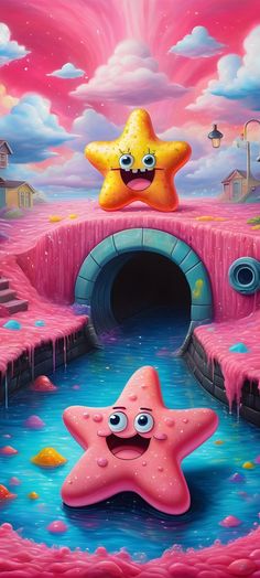 a painting of two stars in front of a pink tunnel with blue water and clouds