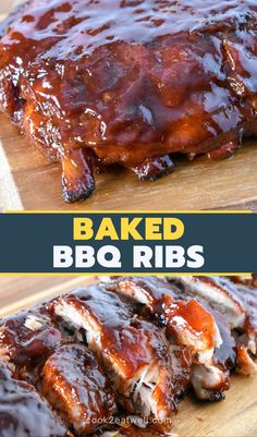 baked bbq ribs on a cutting board with the words baked barbecue ribs above them