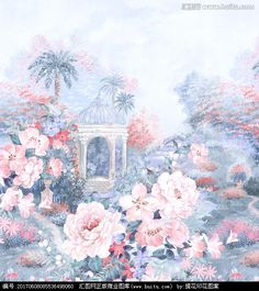 a painting with flowers and trees in the background