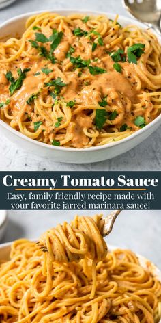 creamy tomato sauce in a white bowl with noodles and parsley on the side, ready to be eaten