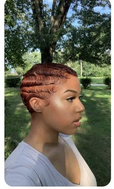 Ginger Hair Black Women Finger Waves, Copper Fingerwaves, African American Finger Waves Styles, Finger Waves Short Hair Black Women 4c, Honey Blonde Finger Waves, Natural Hair Finger Waves, Pixie Auburn Hair, Ginger Finger Waves Black Women, Ginger Low Cut Hair Black Women