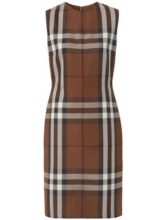 brown wool check pattern round neck sleeveless dart detailing rear zip fastening Macy Dresses, Fitted Sheath Dress, Burberry Outfit, Checkered Dress, Tartan Dress, Check Dress, Dress Crafts, Burberry Women, Jewel Neck