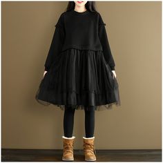 Black tunic dress women loose tulle dress long by newstar2016 Casual Dress With Sheer Long Sleeves, Chic Fake Two-piece Fall Dress, Fall Dresses With Sheer Long Sleeves, Casual Fake Two-piece Dresses For Winter, Casual Fake Two-piece Winter Dress, Non-stretch Long Sleeve Cotton Dress, Non-stretch Cotton Long Sleeve Dress, Casual Fake Two-piece Dress For Fall, Tulle Dress Long Sleeve