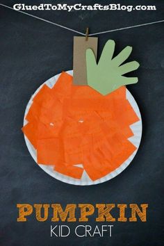 a paper plate with a pumpkin cut out on it and the words pumpkin kid craft