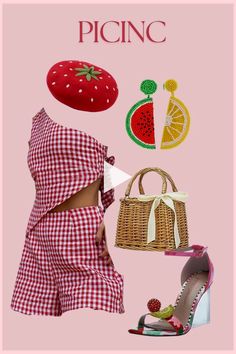 a woman's dress and shoes with the words picnic on it, including strawberries