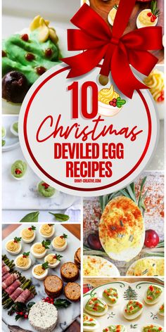 christmas deviled egg recipe collage with the title overlay that reads 10 christmas deviled egg recipes