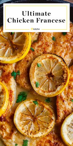 chicken with lemons and parsley on top in a cast iron skillet that has the title overlay