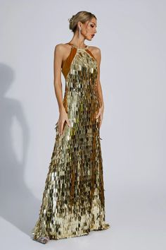 Glamorous Floor-length Backless Dress For Gala, Glamorous Backless Evening Dress For Gala, Glamorous Evening Dress With Tie Back, Party Maxi Dress With Strappy Back, Gold Evening Dress With Back Opening, Glamorous Gala Dress With Tie Back, Glamorous Backless Dress For Gala, Glamorous Tie Back Dresses For Gala, Glamorous Tie-back Dress For Gala