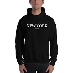 New york Hooded Sweatshirt Price: 34.00 #tanktop Funny Guitar, Distressed Denim Jeans, Funny Sweatshirts, Workout Hoodie, Cozy Sweatshirts, Sweatshirt Designs, Knit Cuff, Distressed Denim, Hooded Sweatshirt