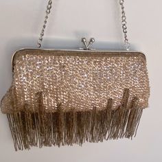 Gold / Rose Gold Beaded Fringed Purse 7.25” Strap, 10” Wide, 4.5” Tall, 8” Tall With Fringe. Nwot Elegant Beaded Fringe Evening Bag For Formal Occasions, Elegant Party Bag With Beaded Fringe, Rectangular Party Bag With Beaded Fringe, Rectangular Party Bags With Beaded Fringe, Fringe Purse, Rose Gold Beads, Vintage Bags, Gold Beads, Gold Rose