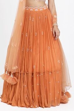 Peach lehenga with cutdana, beads, mirror and thread hand embroidery. Comes with a padded blouse and a dupatta. - Aza Fashions Peach Lehenga, Blouse Lehenga, Padded Blouse, Set Women, V Neck Blouse, Embroidered Blouse, Aza Fashion, Lehenga, Hand Embroidered