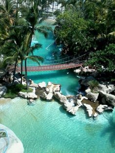 an aerial view of a bridge over a river surrounded by palm trees and water slides