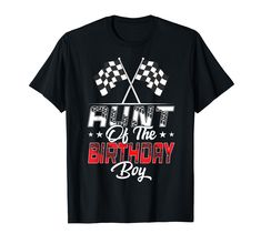 a black shirt with the words hunt of the birthday boy and checkered flags on it