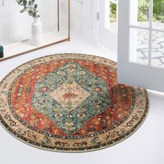 PRICES MAY VARY. [Soft Medium Pile Throw Rug] - Our washable circle bathroom throw rug are made of enhanced synthetic fibers,not only ultra-soft but also resists color fading.0.4'' thick, a low-pile allows for convenient placement in entryways, underneath furniture, and will not obstruct doorways. [Exclusive Design Oriental Rug] - This boho small round kitchen rug offers intricate printed texture on a soft-underfoot polyester base.The teal blue classic diamond center and red and cream border com Boho Chic Entryway, Nursery Carpet, Door Mat Entryway, Soft Bedroom, Chic Rug, Round Area Rug, Small Entryway, Round Area Rugs, Persian Area Rugs