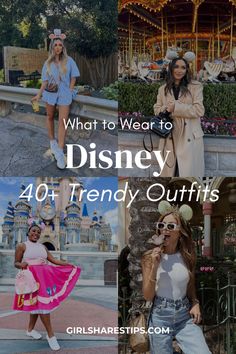 four different pictures with the words, what to wear to disney 40 trendy outfits