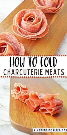 how to cold charcuterie meats on a cutting board with text overlay