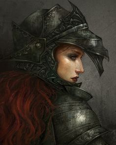 a painting of a woman in armor with red hair wearing a helmet and looking to the side