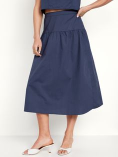 elasticized back waist shirred detail pull-on style sits at belly button relaxed a-line fit hits mid-calf models are approx.  5'9" and wear sizes s (4), l (12), and xl (18)machine wash according to the care instruction label Aline Midi Skirt, Drop Waist Skirt, Navy Blue Skirt, Stylish Skirts, Linen Skirt, Old Navy Women, Maternity Wear, Bottom Clothes, Big And Tall