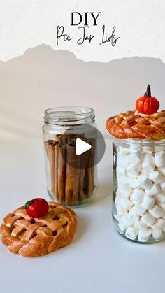 three mason jars filled with marshmallows and pretzels, one has a pie in it