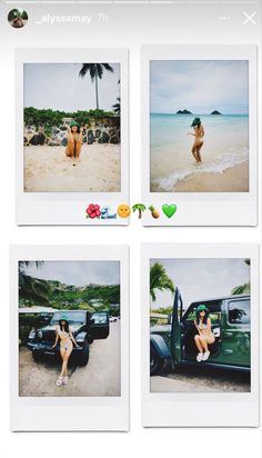 four polaroid pictures of two women in bikinis on the beach and one man standing next to an old truck