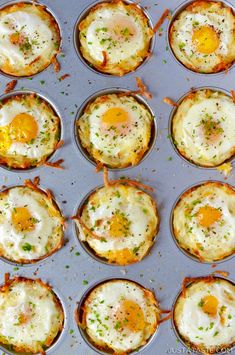 an overhead view of eggs in muffin tins