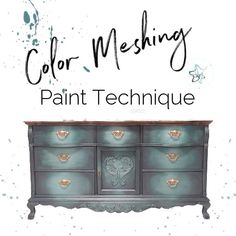 an old dresser painted in blue and gold with the words color meowing paint technique