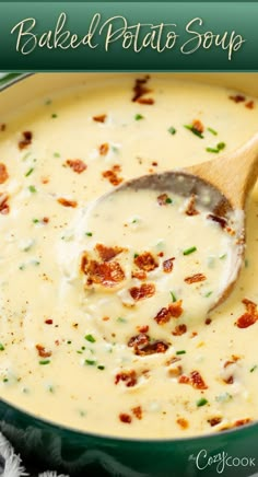 baked potato soup with a thick, creamy broth in a pot, garnished with bacon bits Baked Potato Soup Recipe, Baked Potato Casserole, Creamy Potato Soup, Fall Soup, Baked Potato Soup