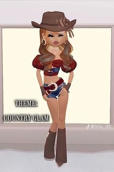 a digital drawing of a woman wearing a cowboy hat and shorts with the words theme country glam on it