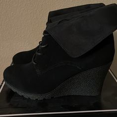 Brand New Suede Wedge Shoes Black Wedge Sneakers With Platform, Black Trendy Wedge Sneakers, Black Suede Wedge Sandals, Black Wedge Boots With Medium Width, Black Wedge Boots Medium Width, Black Casual Closed Toe Wedge Boots, Black Suede High Heel Wedge Boots, Mia Shoes, Suede Wedges