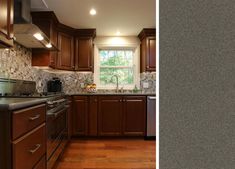 a kitchen with wooden cabinets and stainless steel stove top oven next to an image of the inside of a kitchen