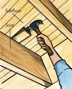 a person holding a hammer over a wooden floor with the words subflor joist above it