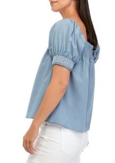 Elevated by a classic square neckline, this posh top from Wonderly is great for casual wear. | Wonderly Women's Peach Rally Peasant Knit Top, Blue, X-Large Spring Cotton Puff Sleeve Top With Square Neck, Cotton Square Neck Top For Spring, Cotton Square Neck Blouse For Day Out, Casual Puff Sleeve Top With Smocked Bodice, Casual Cotton Puff Sleeve Top, Blue Square Neck Top For Summer, Cotton Top With Square Neck And Smocked Back, Chic Cotton Tops With Square Neck, Cotton Square Neck Top With Smocked Back