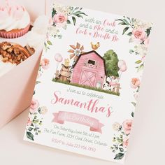 a pink barn birthday party with cupcakes and muffins