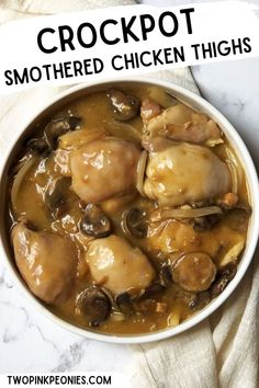 image with text that says Crockpot Smothered Chicken Thighs  below is a bowl of Crockpot Smothered Chicken Thighs Easy Boneless Chicken Thigh Recipes Crockpot, Crockpot Smothered Chicken Thighs, Chicken Thighs In Crockpot Recipes, Crock Pot Boneless Chicken Thighs, Chicken Thighs Crockpot Boneless, Frozen Chicken Thighs Crockpot, Crockpot Thighs, Crockpot Chicken Thighs Bone In, Crock Pot Chicken Thighs Boneless