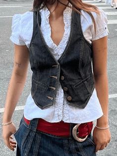 ⚡️Buy Buttoned Denim Y2K Corset Top Black S under US$24.00 in Tops&Tees at AnotherChill.com Online Store. ✓Free Shipping with US$69+ ✓30-Day Returns Guarantee Trendy Denim, Denim Patterns, I'm With The Band, Summer Denim, Vintage Punk