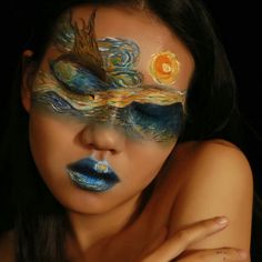 Van Gogh Starry Night Makeup, Van Gogh And Starry Night Costume, Van Gogh Eye Makeup, Van Gogh Inspired Makeup, Starry Night Halloween Costume, Starry Night Face Paint, Starry Night Makeup Look, Face Art Makeup Paint Ideas, Starry Night Costume