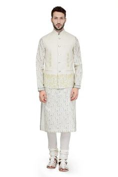 Shop for A!A By Abrar Ali White Cotton Linen Floral Print Waistcoat for Men Online at Aza Fashions Spring White Nehru Jacket With Floral Print, Diwali Off-white Nehru Jacket, Festive Off-white Nehru Jacket With Naqshi, Designer Luxury Off-white Nehru Jacket, Formal Embroidered Off-white Nehru Jacket, Floral Waistcoat, Waistcoat Men, Nehru Jackets, Linen Color