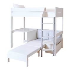 a white bunk bed with a desk underneath it