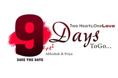 two hearts one love 9 days to go logo with the words save the date and pink paint