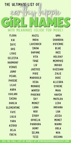 the ultimate list of earthy hippie girl names in green and white with text overlay