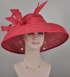 Red Costume Hats And Headpieces For Church, Elegant Red Mini Hat With High Crown, Elegant Red High Crown Mini Hats, Elegant Red Church Hat, Elegant Red Brimmed Costume Hats And Headpieces, Red Hat For Royal Ascot Event, Elegant Red Top Hat For Kentucky Derby, Red Flat Brim Party Hat, Elegant Red Cloche Mini Hat