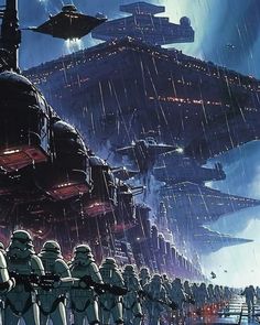 a group of star wars characters standing in the rain