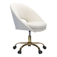 a white office chair with wheels and casteors on an iron base against a white background