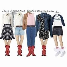 several different types of clothes and shoes are shown in this image with the caption's description below